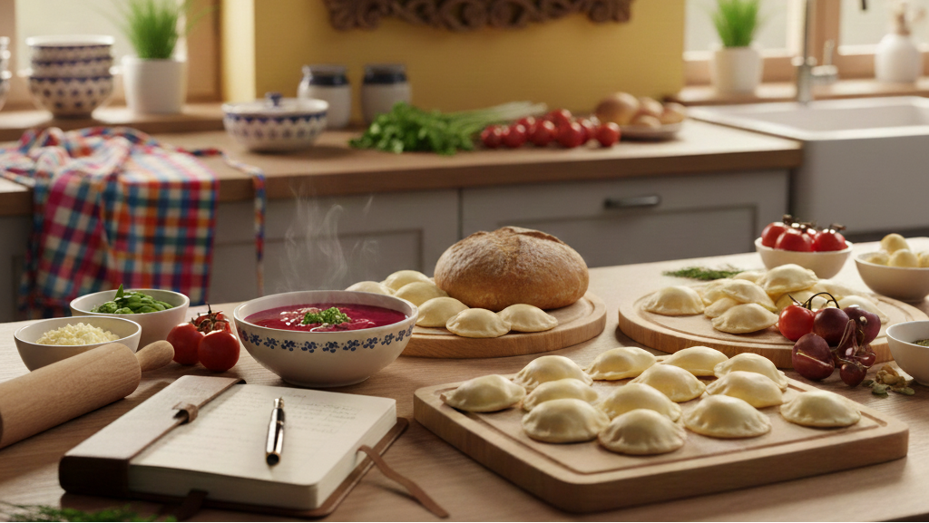 Kitchen scene with food preparation, including dumplings and bread, on a table.